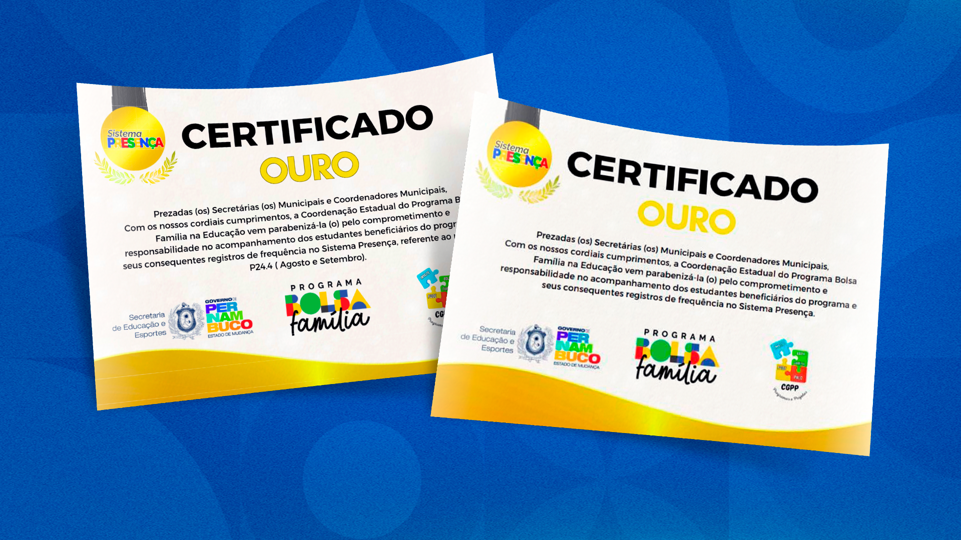 Vitória recebe dois certificados ouro pelo comprometimento e responsabilidade dos estudantes beneficiários do Programa Bolsa Família